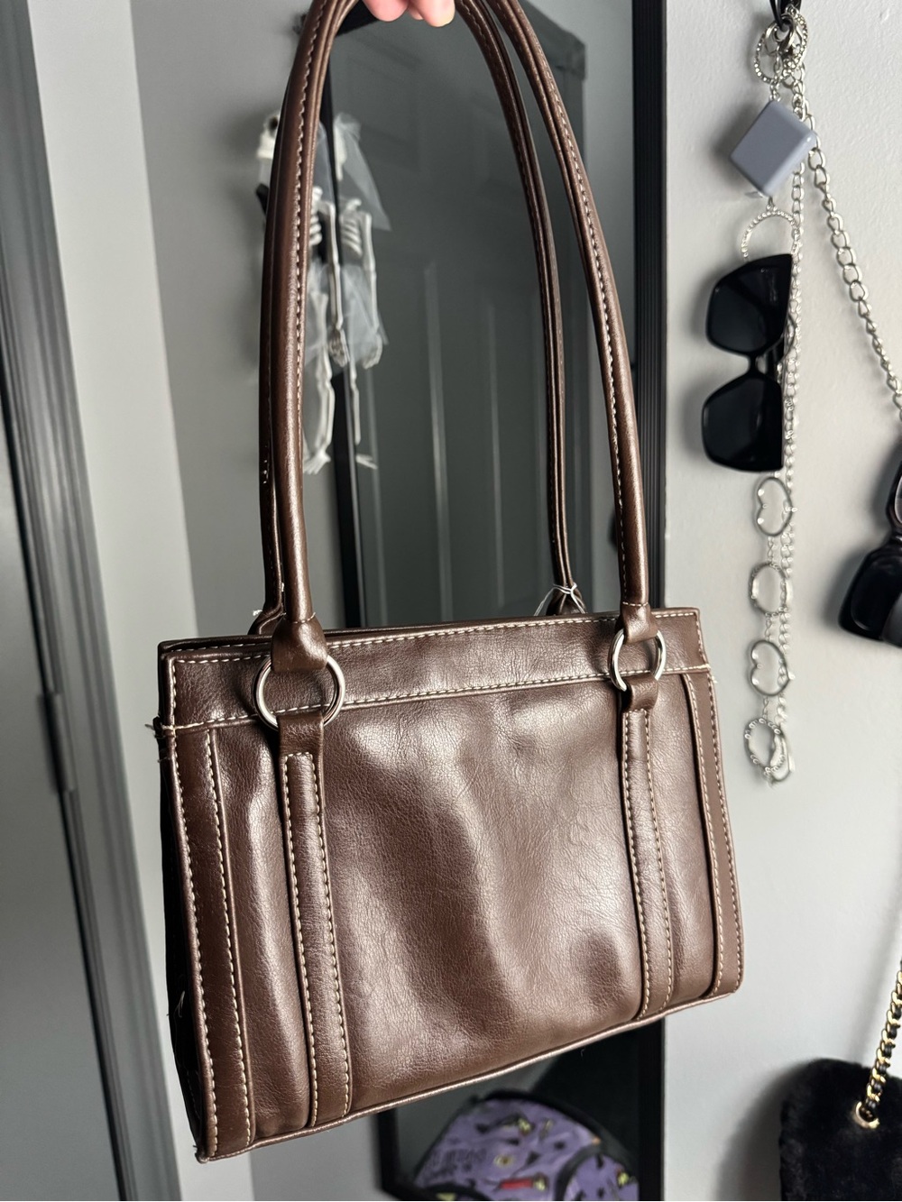 Y2K Brown Faux Leather Structured Shoulder Bag Purse with Silver Hardware